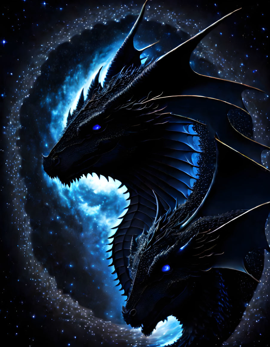 Majestic black dragons with glowing blue eyes flying in starry sky