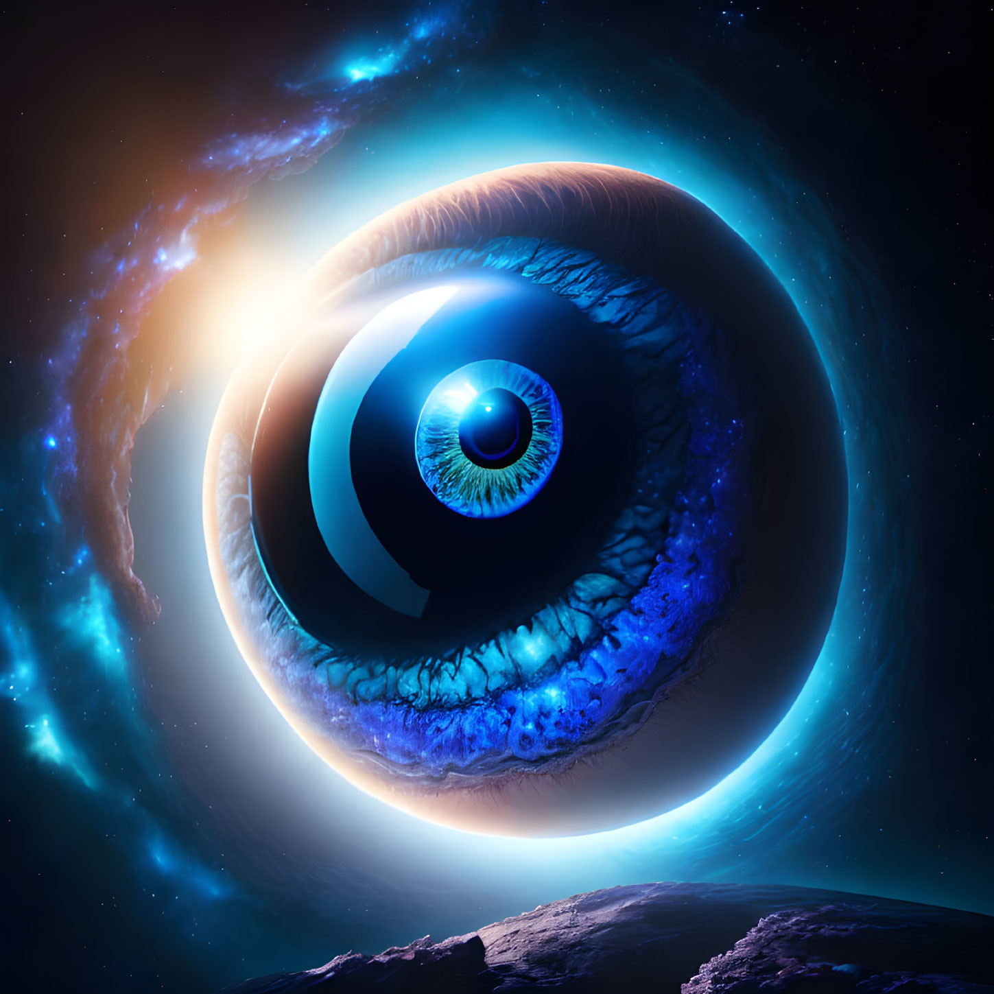 Giant Eye with Galaxy Spiral in Surreal Cosmic Theme