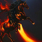 Majestic unicorn with flaming mane and tail, black to red gradient body