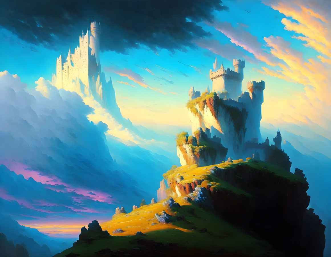 Majestic castles on floating islands under vibrant sky