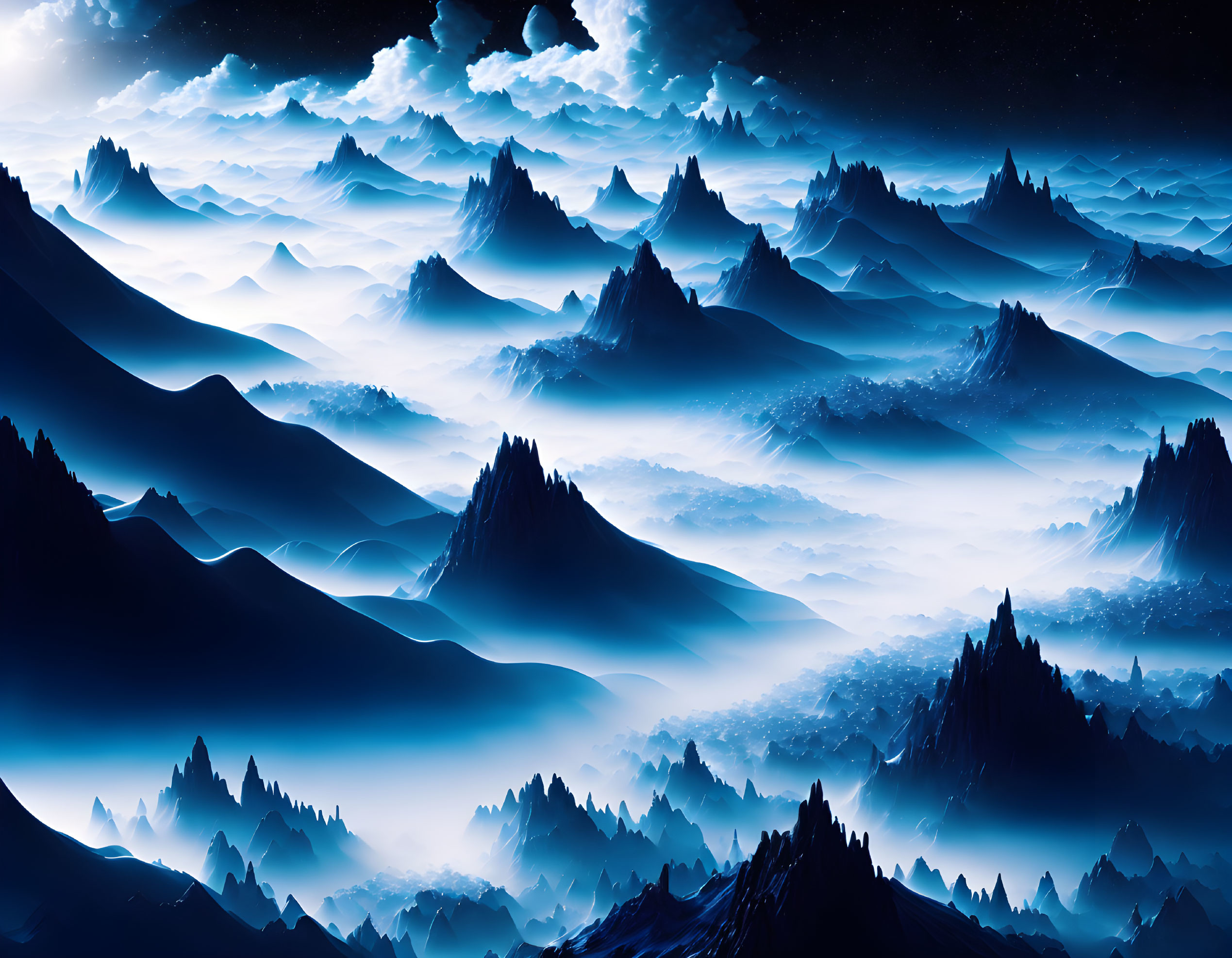 Surreal Landscape: Layered Blue Mountains in Misty Night Sky