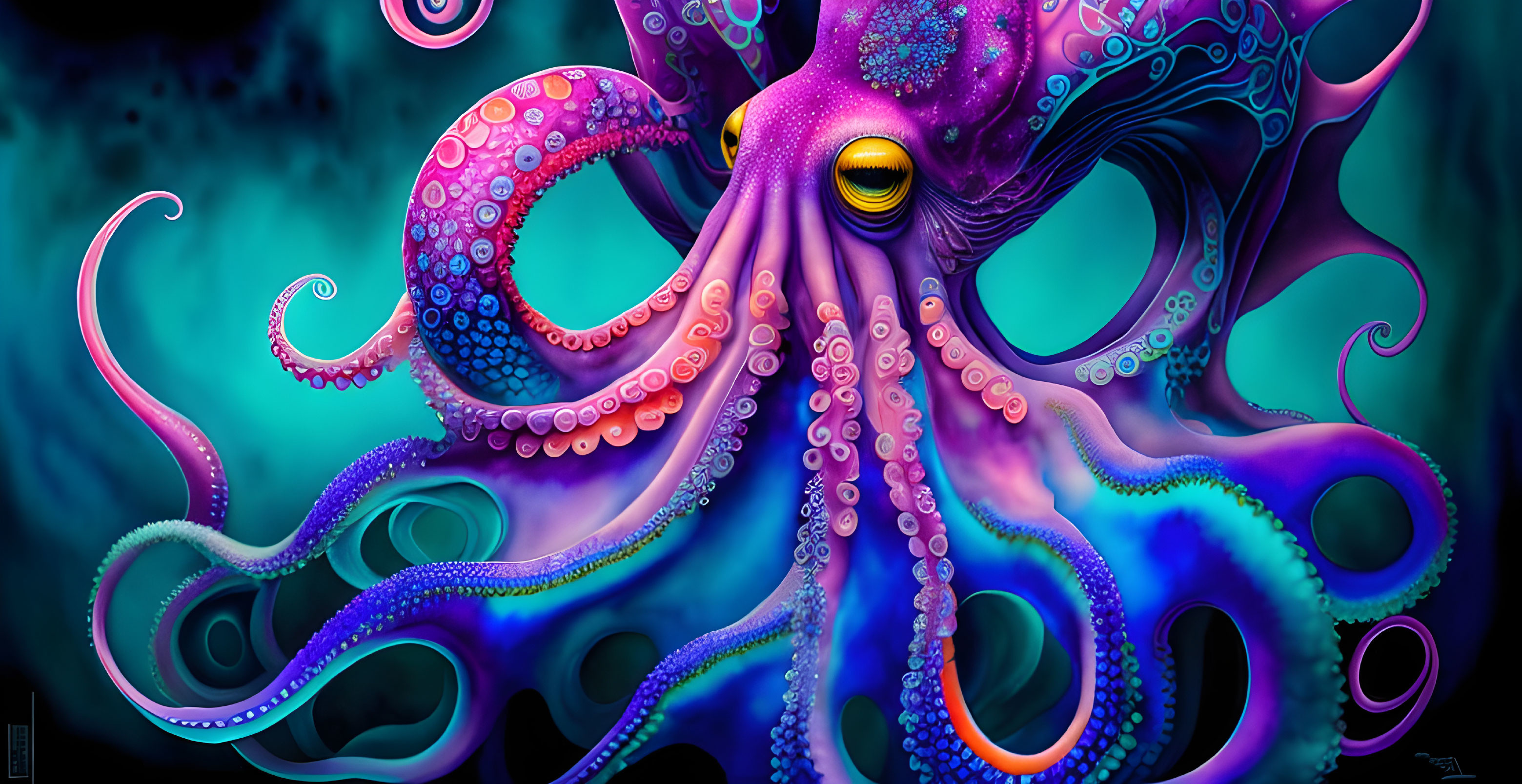 Colorful Octopus Illustration with Purple and Pink Hues on Teal Background