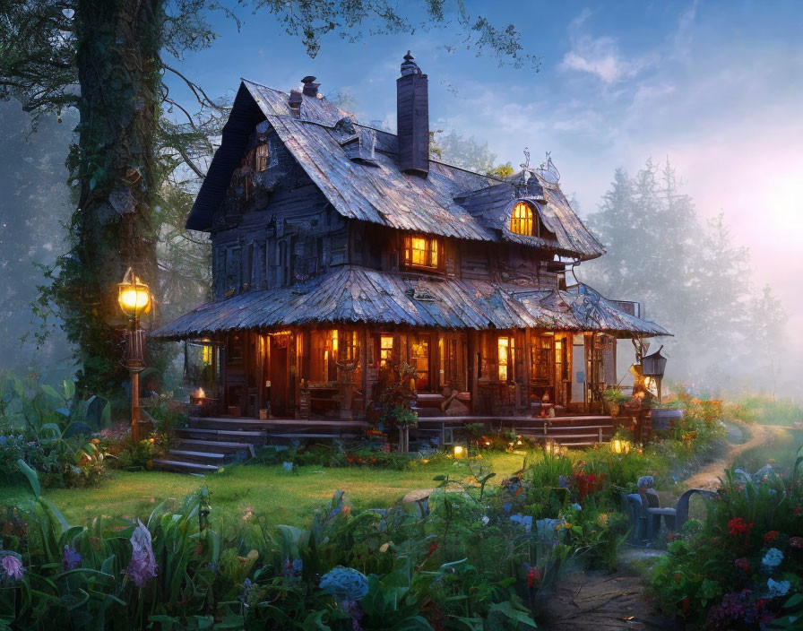 Charming two-story wooden house in misty garden at dawn