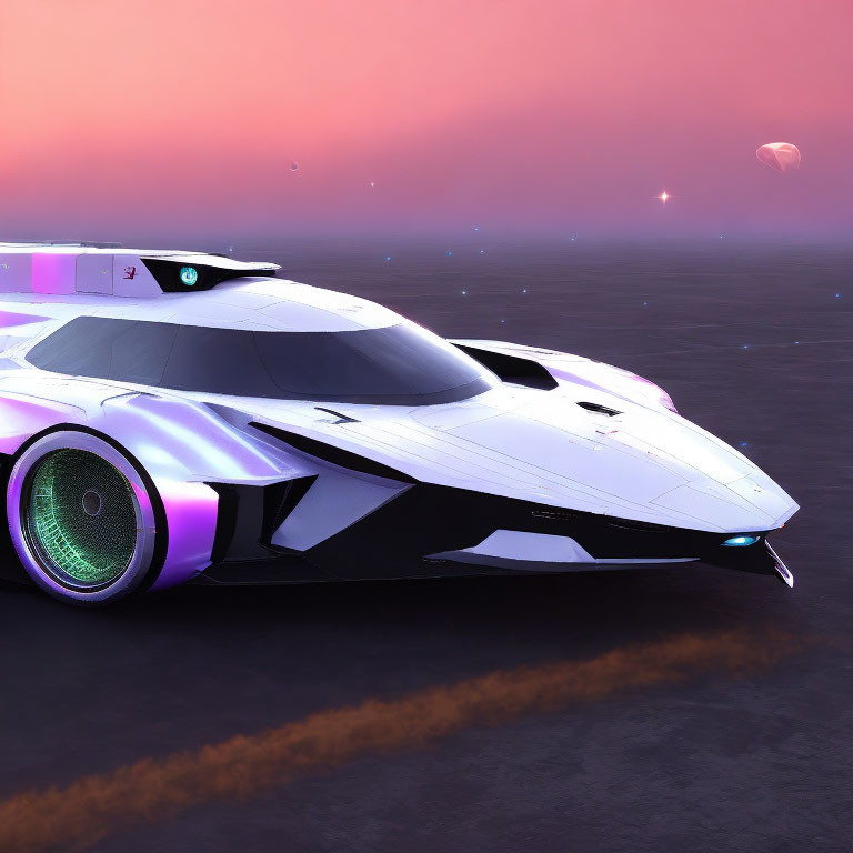 Futuristic white and black spaceship on purple alien landscape