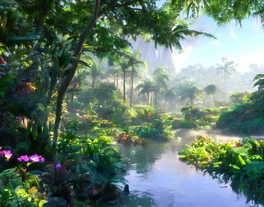 Tropical Jungle with River, Waterfalls, and Sunlight