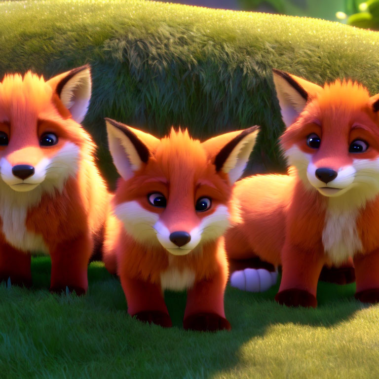 Vibrant green meadow with three animated foxes and fluffy tails