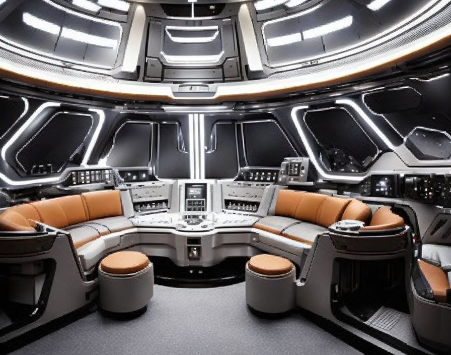 Sleek Futuristic Spaceship Bridge with Orange and Black Seats