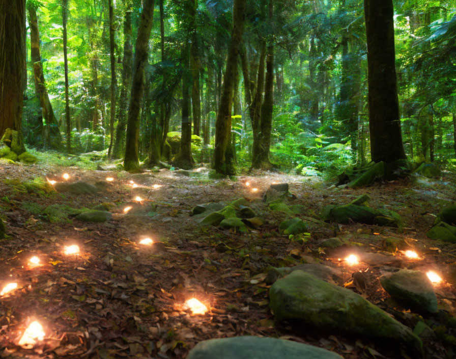 Dappled sunlight in dense forest with moss-covered rocks