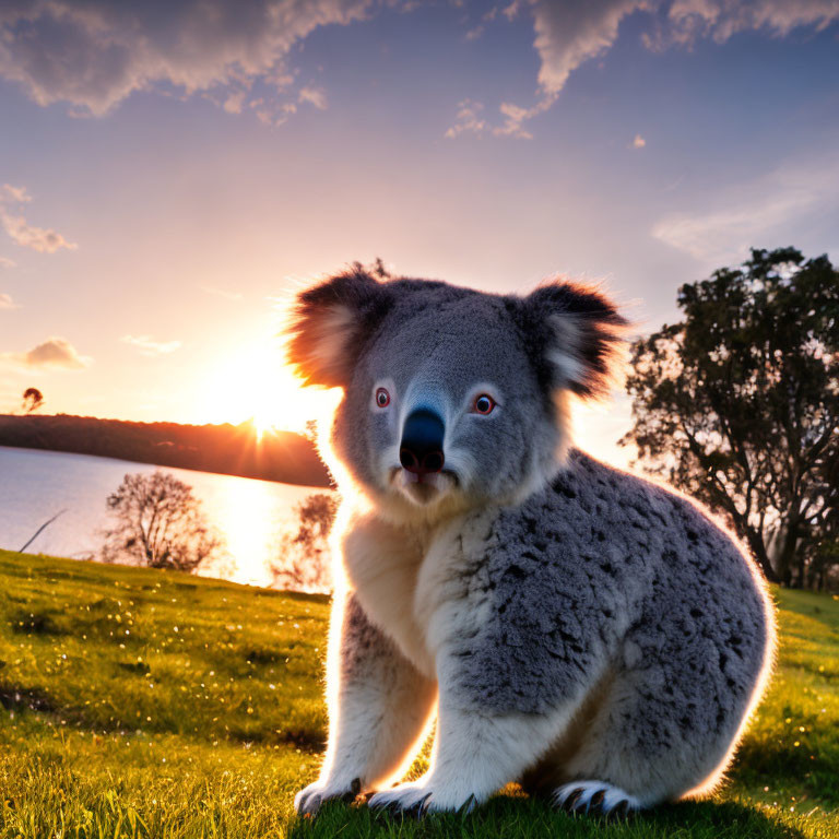 Koala sitting on grass at sunset with water and trees in the background