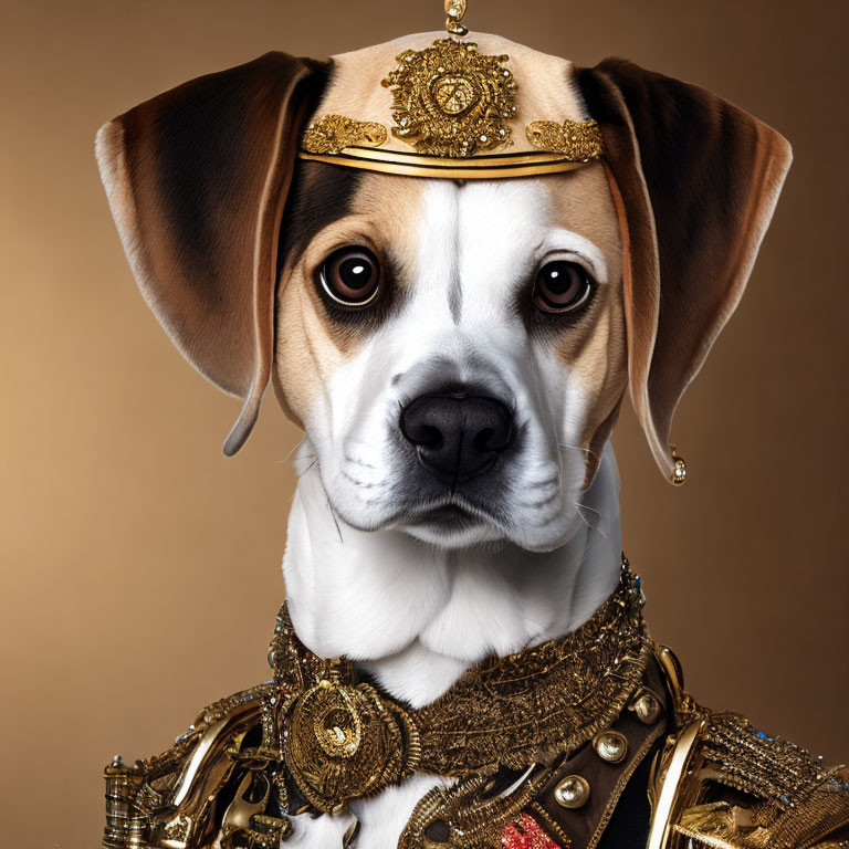 Regal dog in ornate costume jewelry and headpiece on beige background