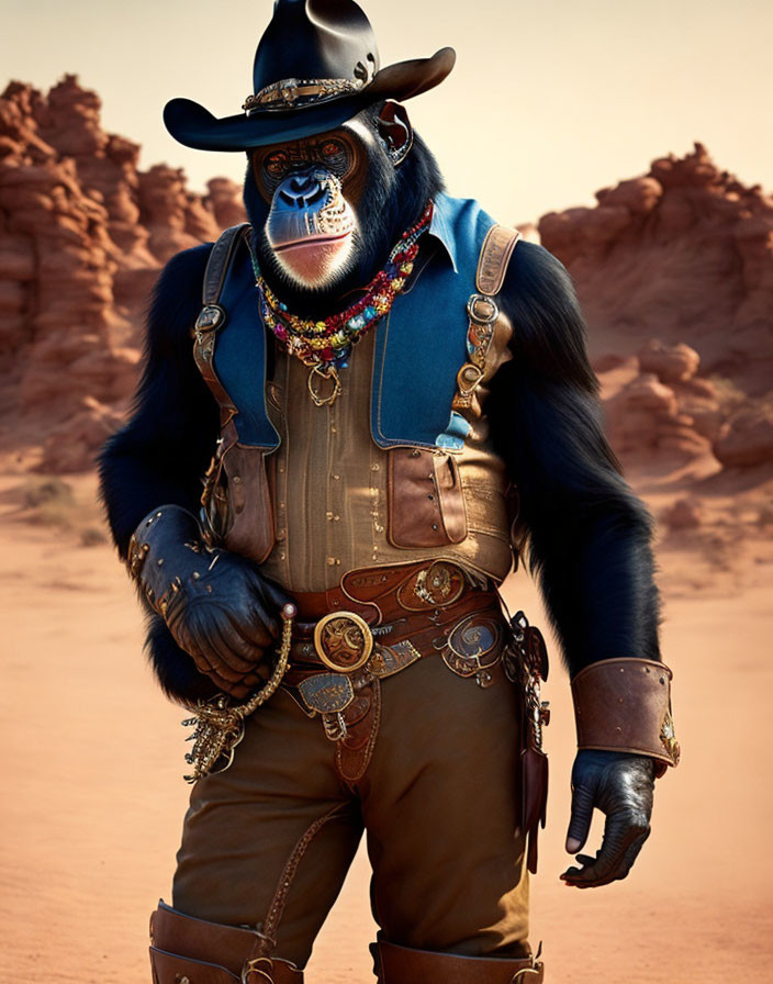 Gorilla in cowboy attire in desert landscape