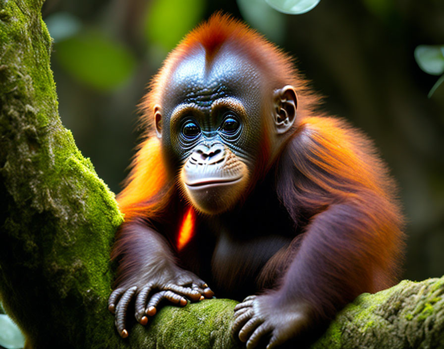 Young Red-Haired Orangutan Resting on Tree Branch Amid Lush Green Foliage