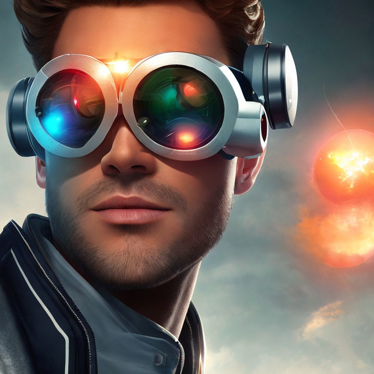 Man in futuristic goggles with colorful lights amidst fiery orbs and soft-focus background