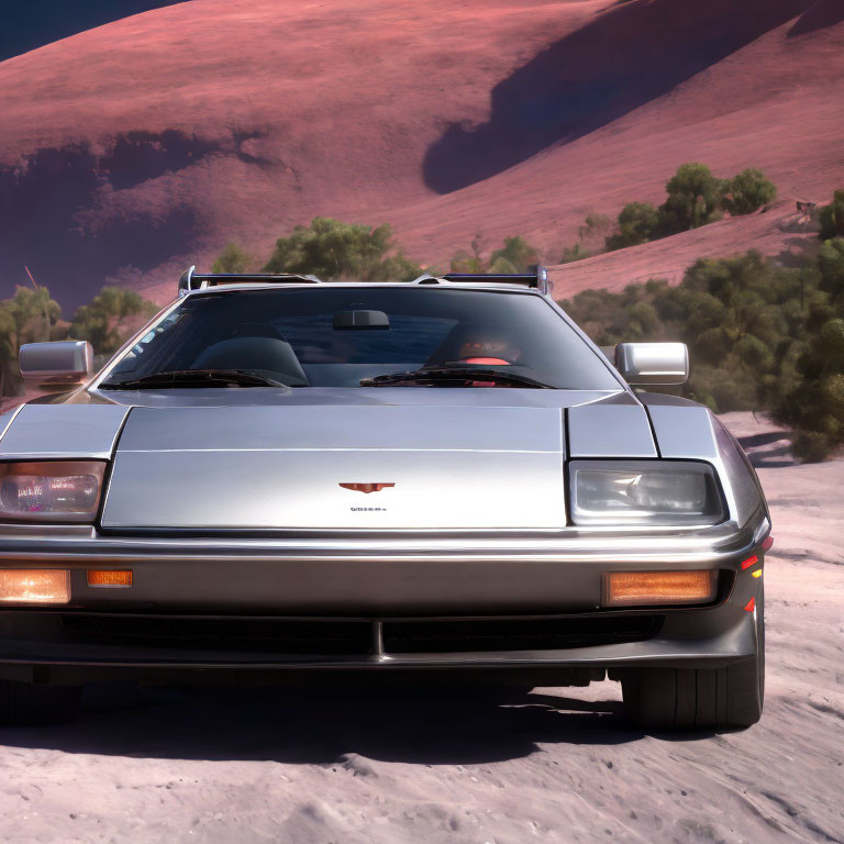 Vintage Silver Sports Car on Desert Road with Red Sand Dunes