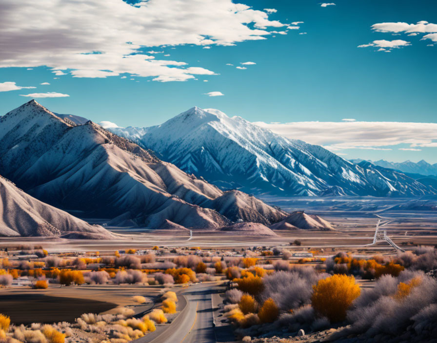 Scenic autumn landscape with winding road, vibrant foliage, and snow-capped mountains