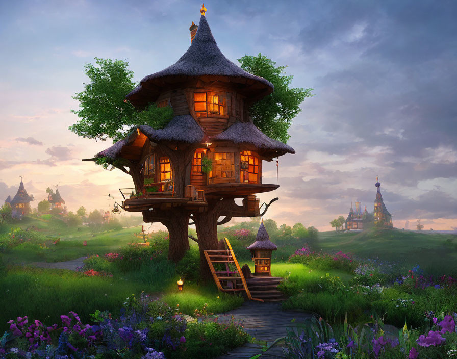 Multi-story treehouse in lush meadow with warm lights and distant castles at dusk