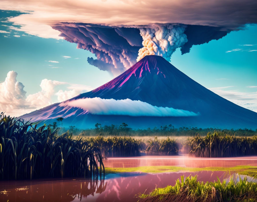 Volcanic eruption with ash plume, vibrant sky, water reflection, lush vegetation