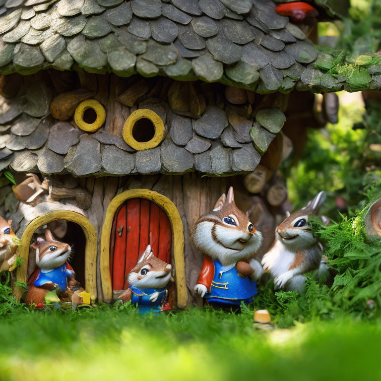 Cartoon-like squirrel figurines in clothes by fantasy mushroom house.