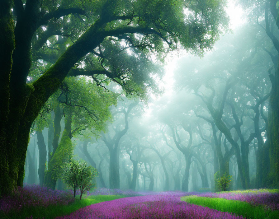 Misty forest with sunlight, purple wildflowers, ancient trees