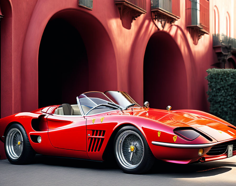 Vintage Red Convertible Sports Car Parked Near Building with Arches