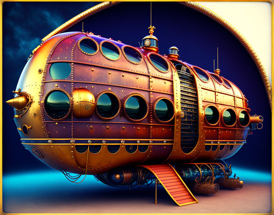 Steampunk submarine with portholes, pipes, and gears on blue backdrop