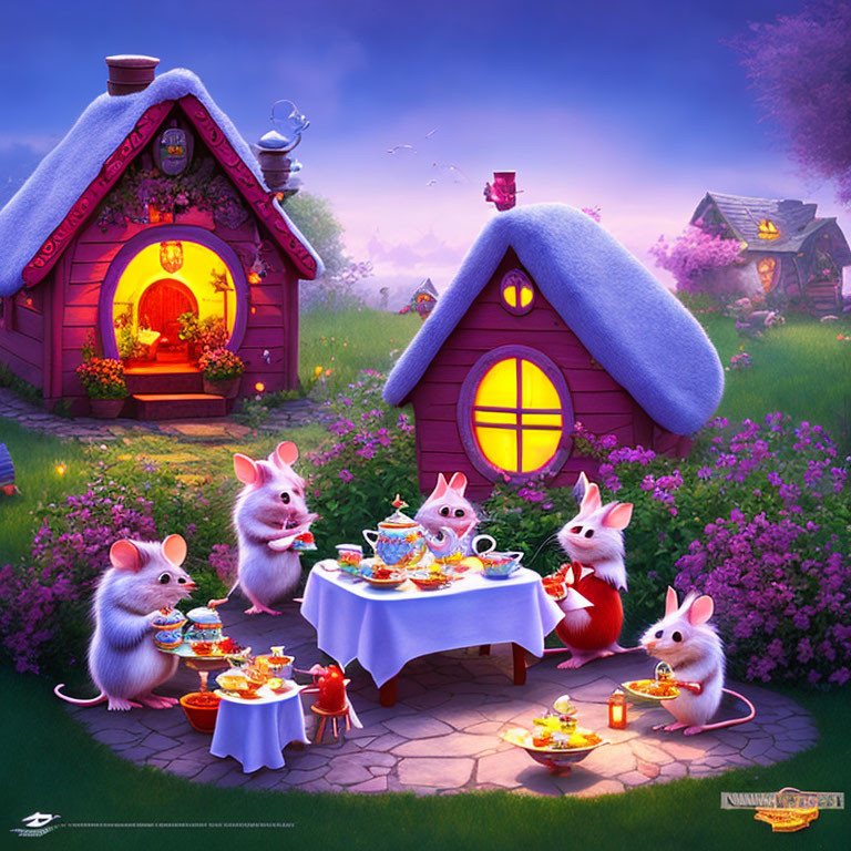 Five mice at tea party in lush garden with cottages