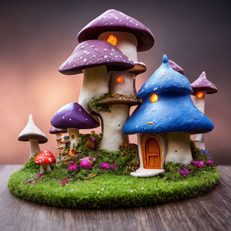 Purple-capped mushroom house ornament with glowing windows and tiny orange door surrounded by moss and pink flowers