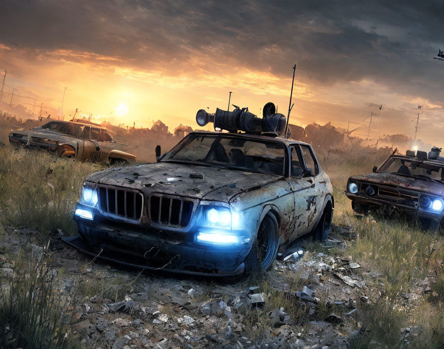 Abandoned, modified cars in post-apocalyptic sunset landscape