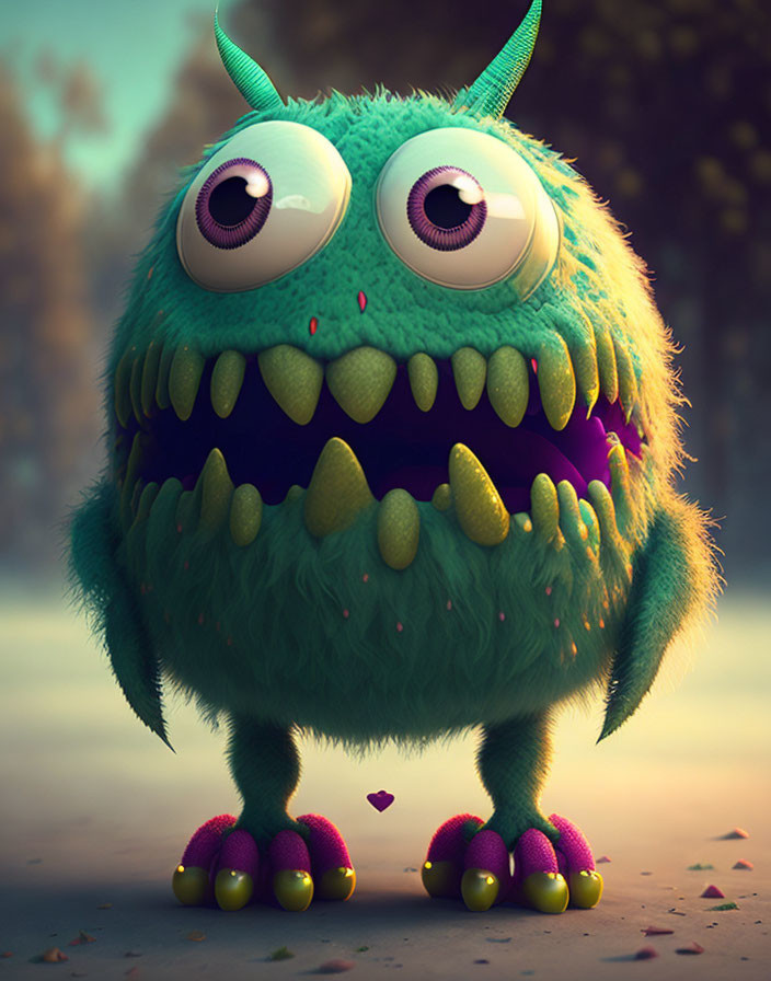 Colorful Furry Monster with Large Eyes and Horns in Clown-like Shoes