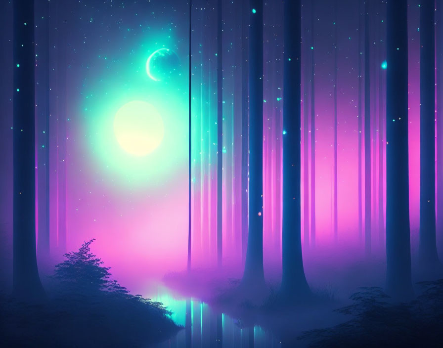 Mystical forest at night with neon lights, moon, stars, and reflective water