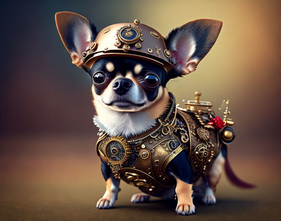 Chihuahua in Steampunk Armor with Whimsical Expression