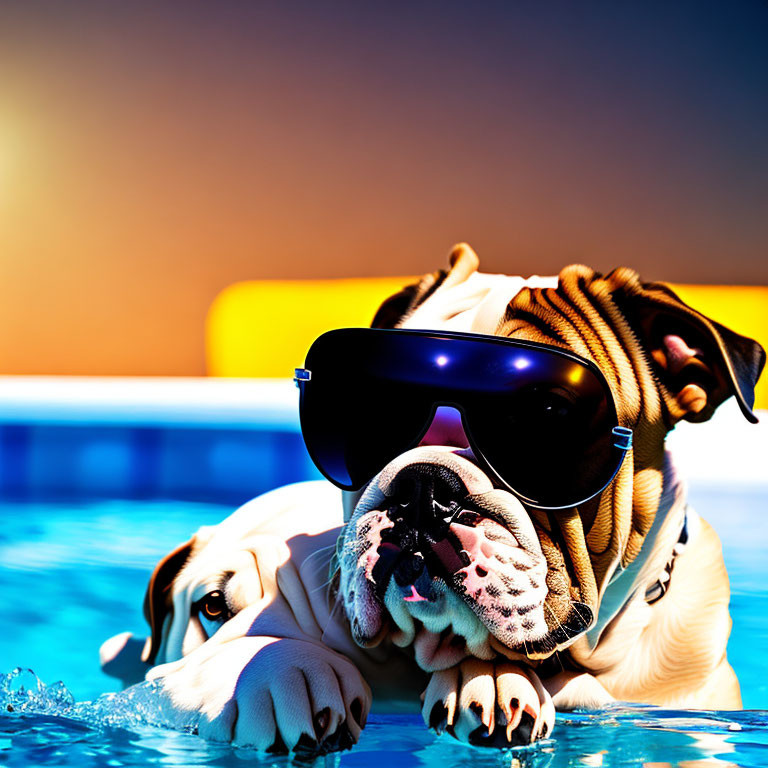 Bulldog in sunglasses relaxing by pool edge