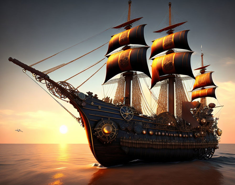 Old ship with black sails on calm sea at sunset with ornate golden details