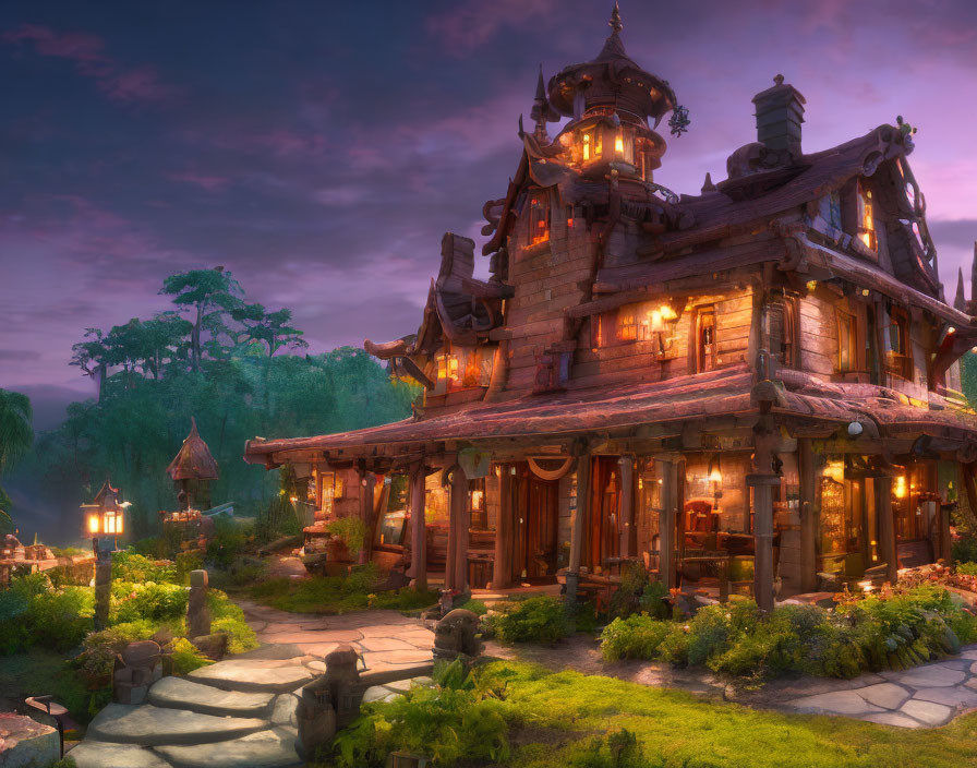 Twilight scene of whimsical wooden cottage in lush greenery