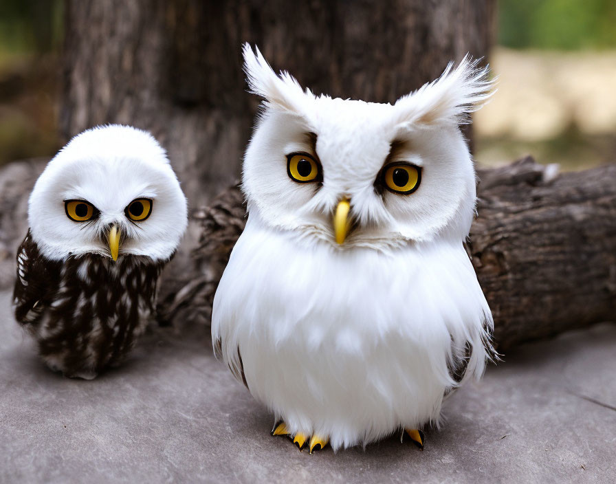 Realistic Plush Toy Owls Against Tree Trunk Background