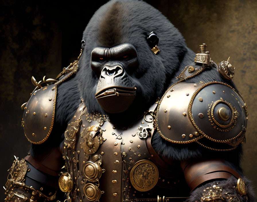 Detailed armored gorilla with golden embellishments on dark background