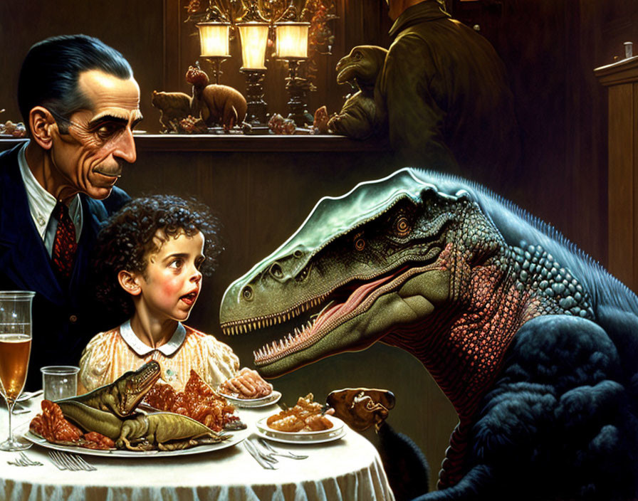 Velociraptor dining with girl and man in vintage room