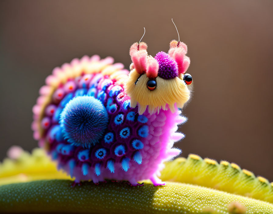 Colorful Fuzzy Creature with Pink and Blue Patterns on Green Leaf