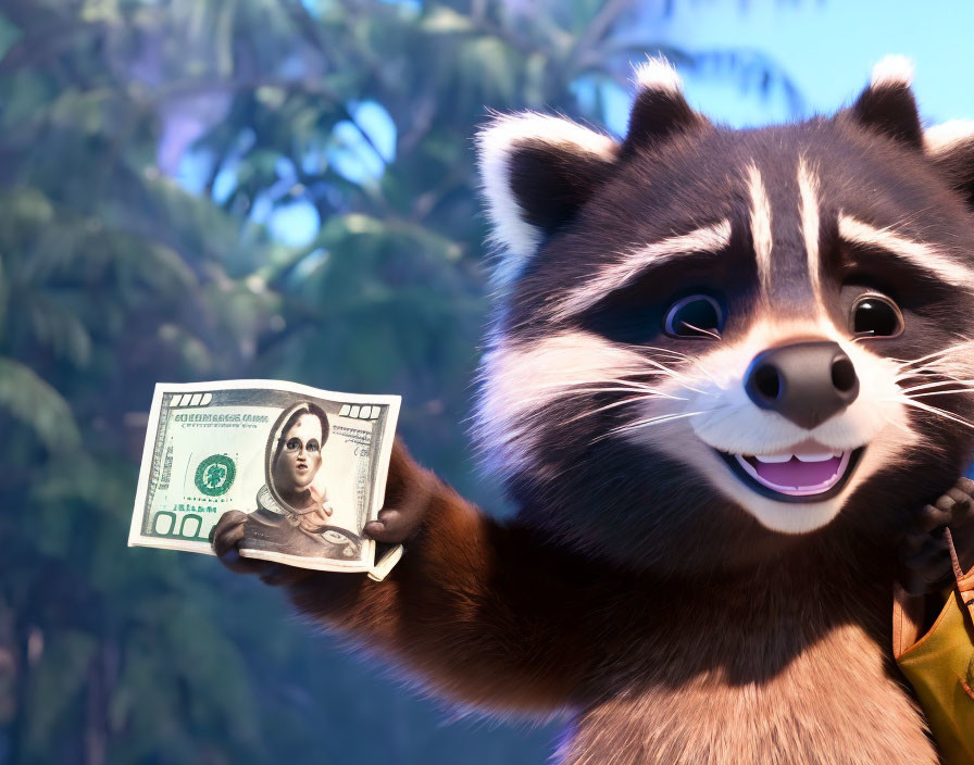 Animated raccoon holding 100 dollar bill in foliage backdrop