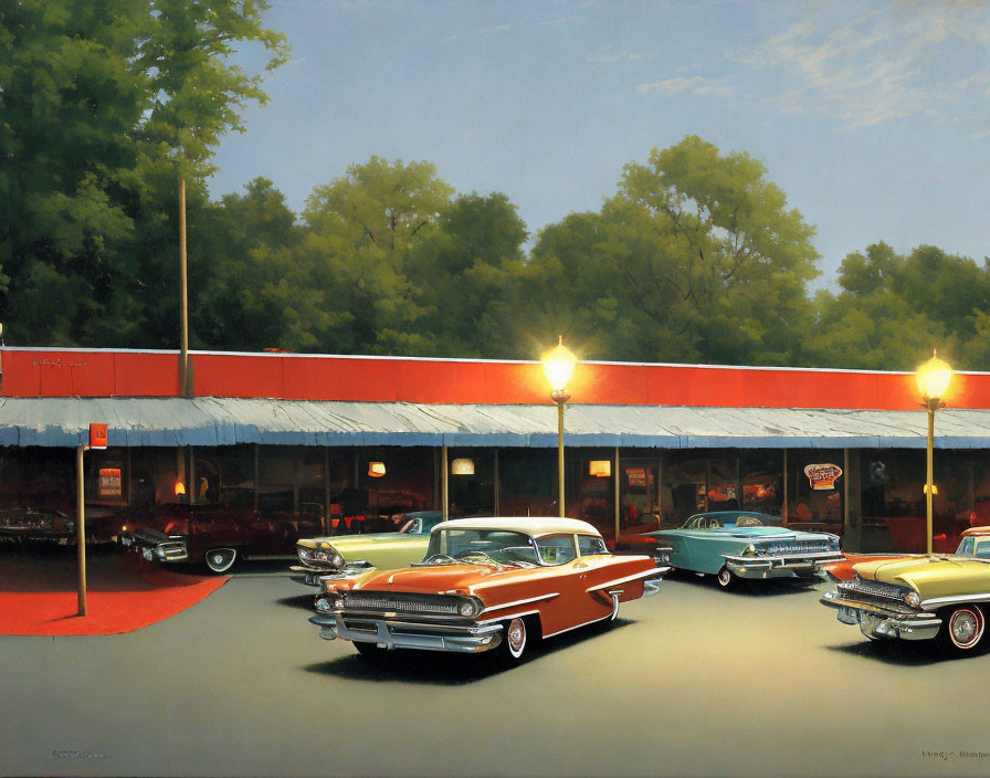 Vintage Cars and Red Awning in Nostalgic Americana Scene