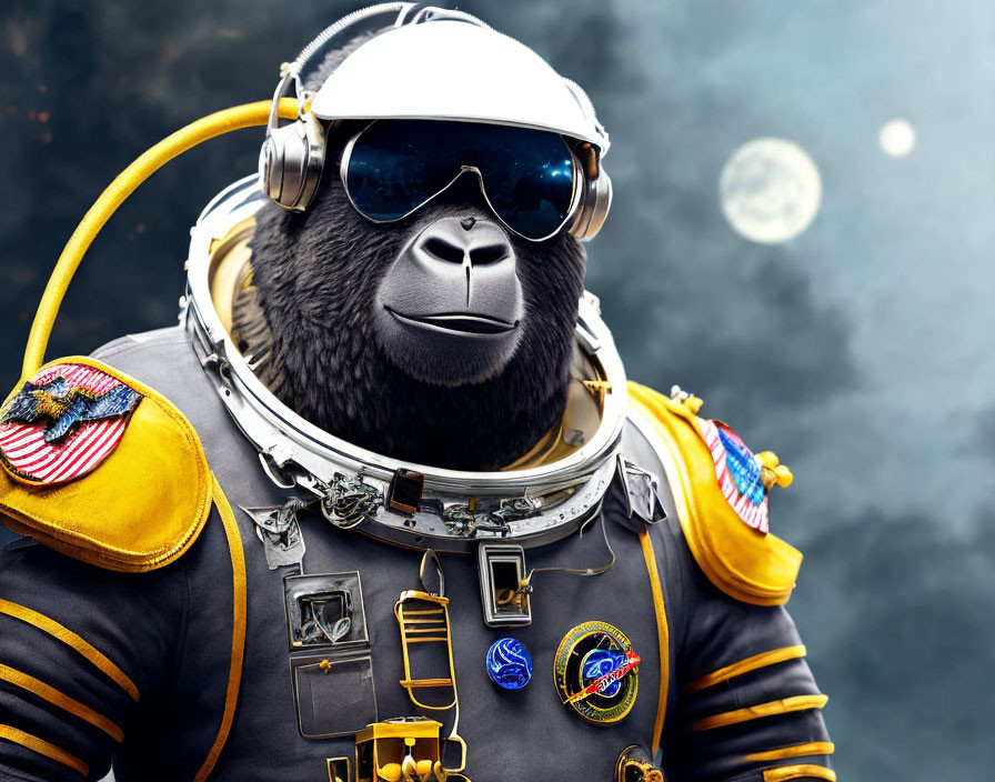 Gorilla in astronaut suit with sunglasses in space scene