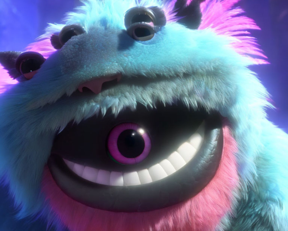 Colorful animated monster with blue and pink fur and purple eyes on purple background