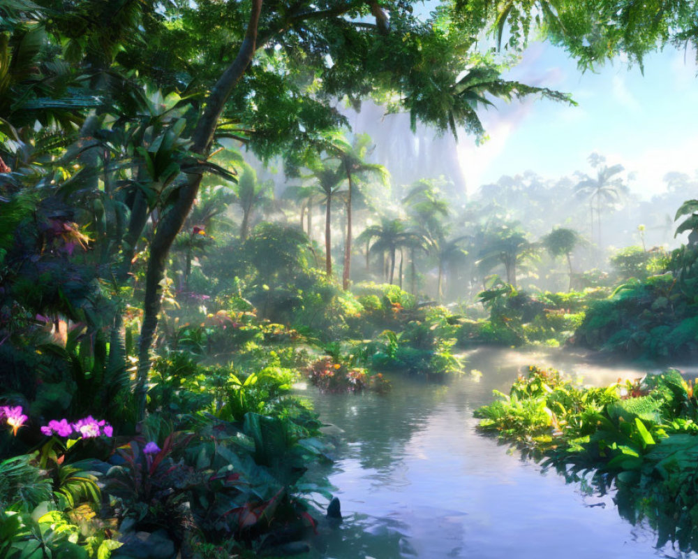 Tropical Jungle with River, Waterfalls, and Sunlight