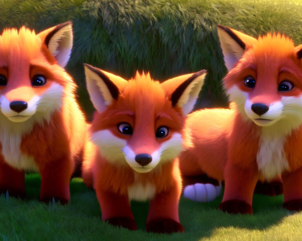 Vibrant green meadow with three animated foxes and fluffy tails