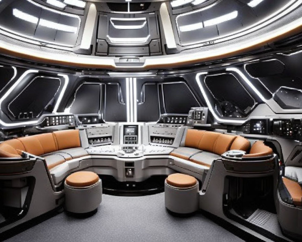 Sleek Futuristic Spaceship Bridge with Orange and Black Seats