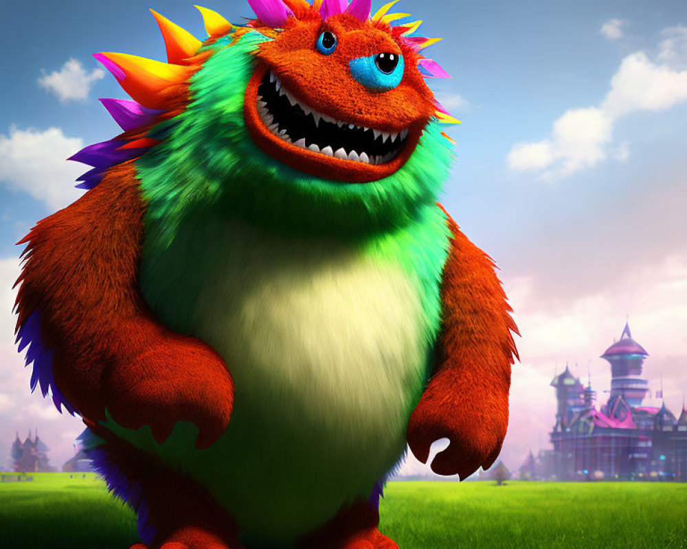 Colorful, smiling furry monster with rainbow spikes and one eye in grass with castle and blue sky