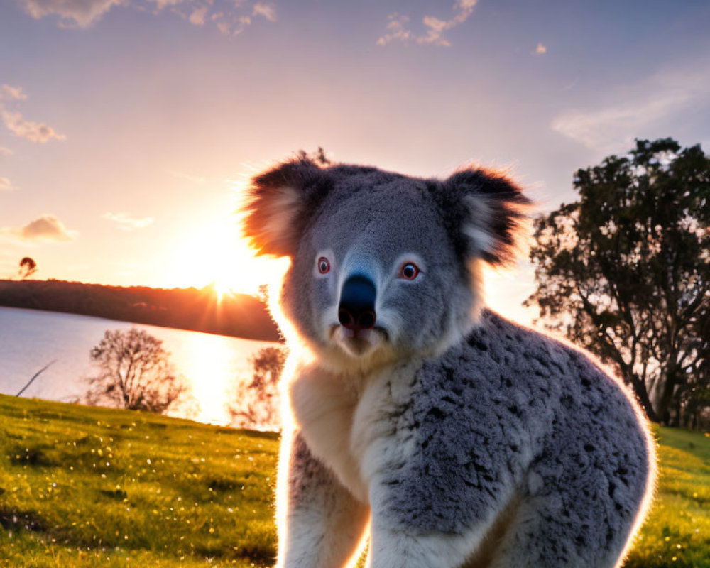 Koala sitting on grass at sunset with water and trees in the background