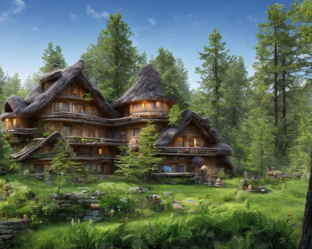 Rustic wooden cabin with thatched roofs in lush forest clearing