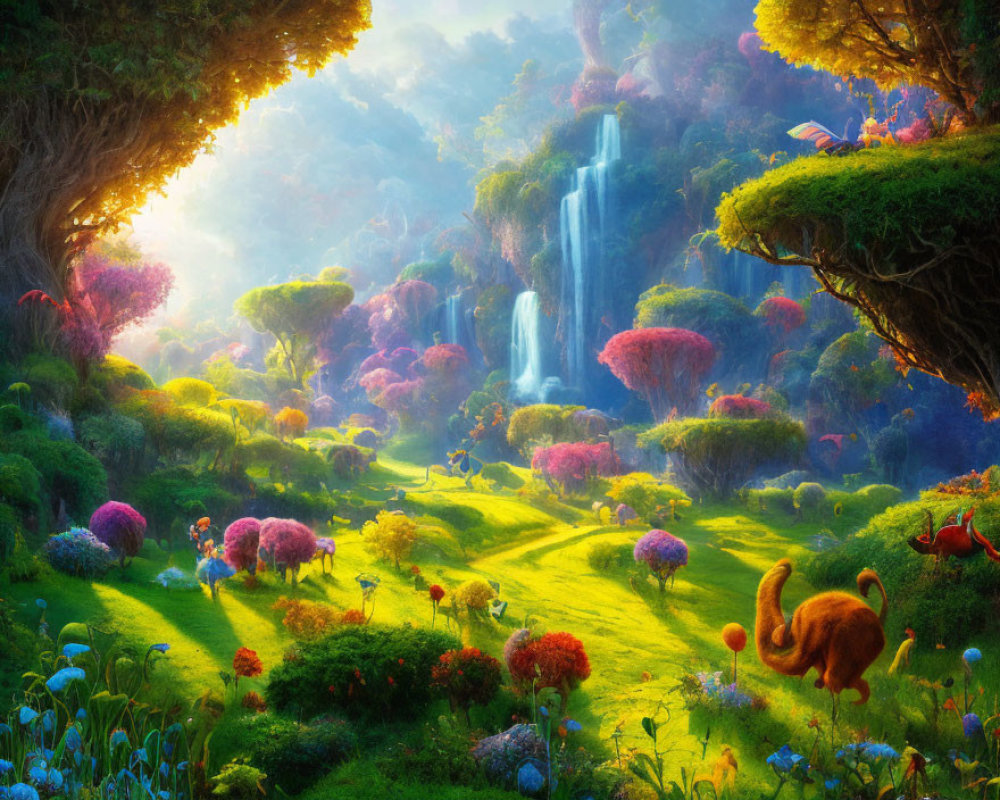 Fantastical landscape with waterfall, lush greenery, colorful flora, and whimsical creatures