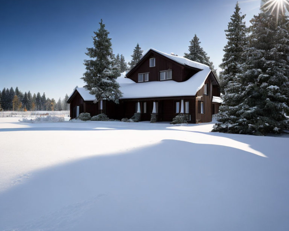 Snow-covered pine trees surround cozy brown cabin under clear blue sky